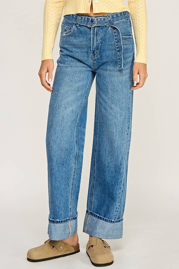 BELTED CUFFED WIDE LEG JEANS