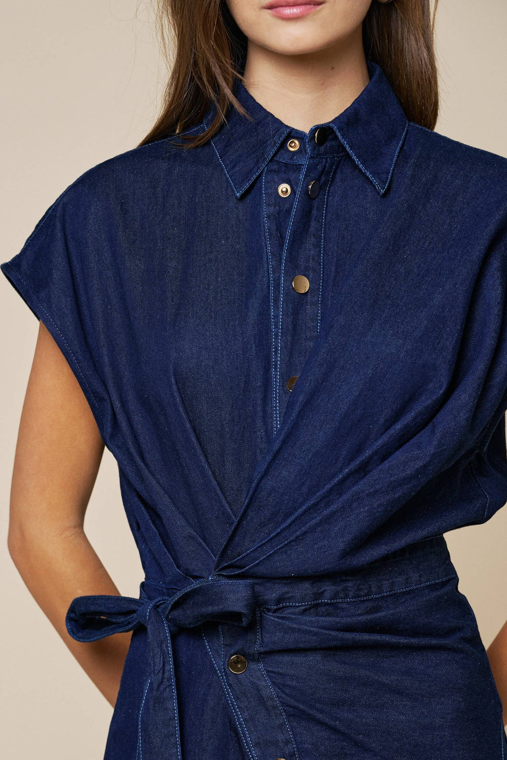 Denim Asymmetrical Button Down Front Tie Mini Dress