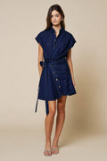Denim Asymmetrical Button Down Front Tie Mini Dress