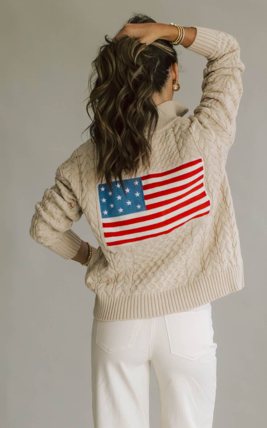 1/2 Zip Flag on Back Sweater-Tan