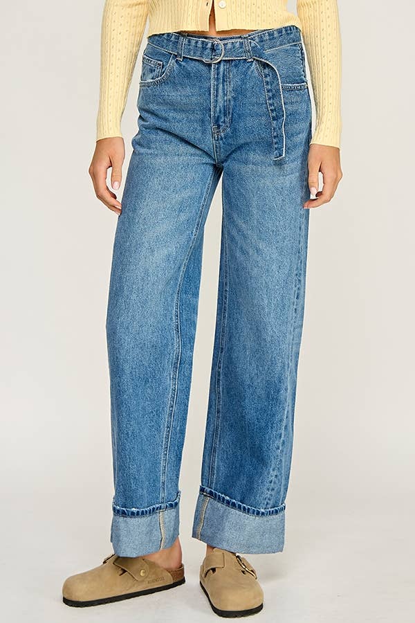 BELTED CUFFED WIDE LEG JEANS