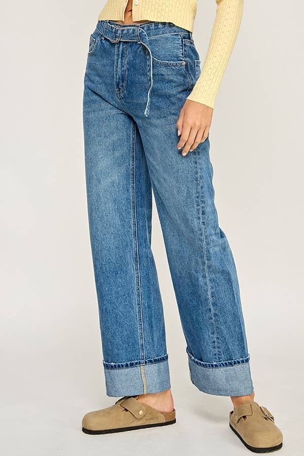 BELTED CUFFED WIDE LEG JEANS
