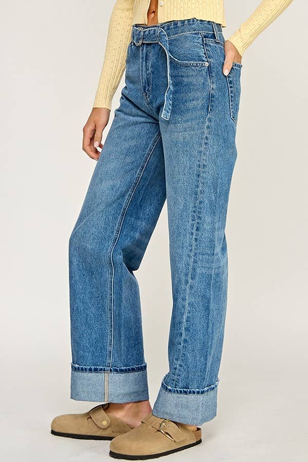 BELTED CUFFED WIDE LEG JEANS