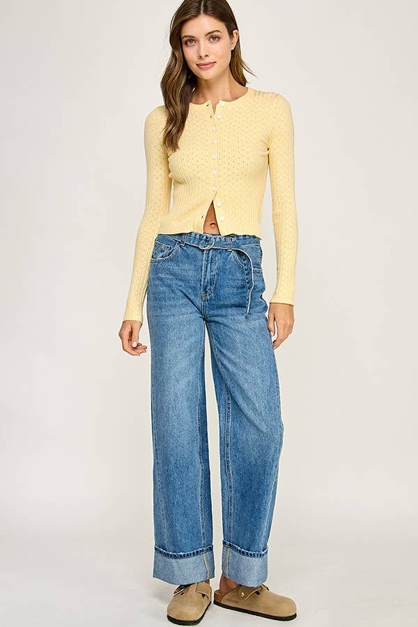 BELTED CUFFED WIDE LEG JEANS