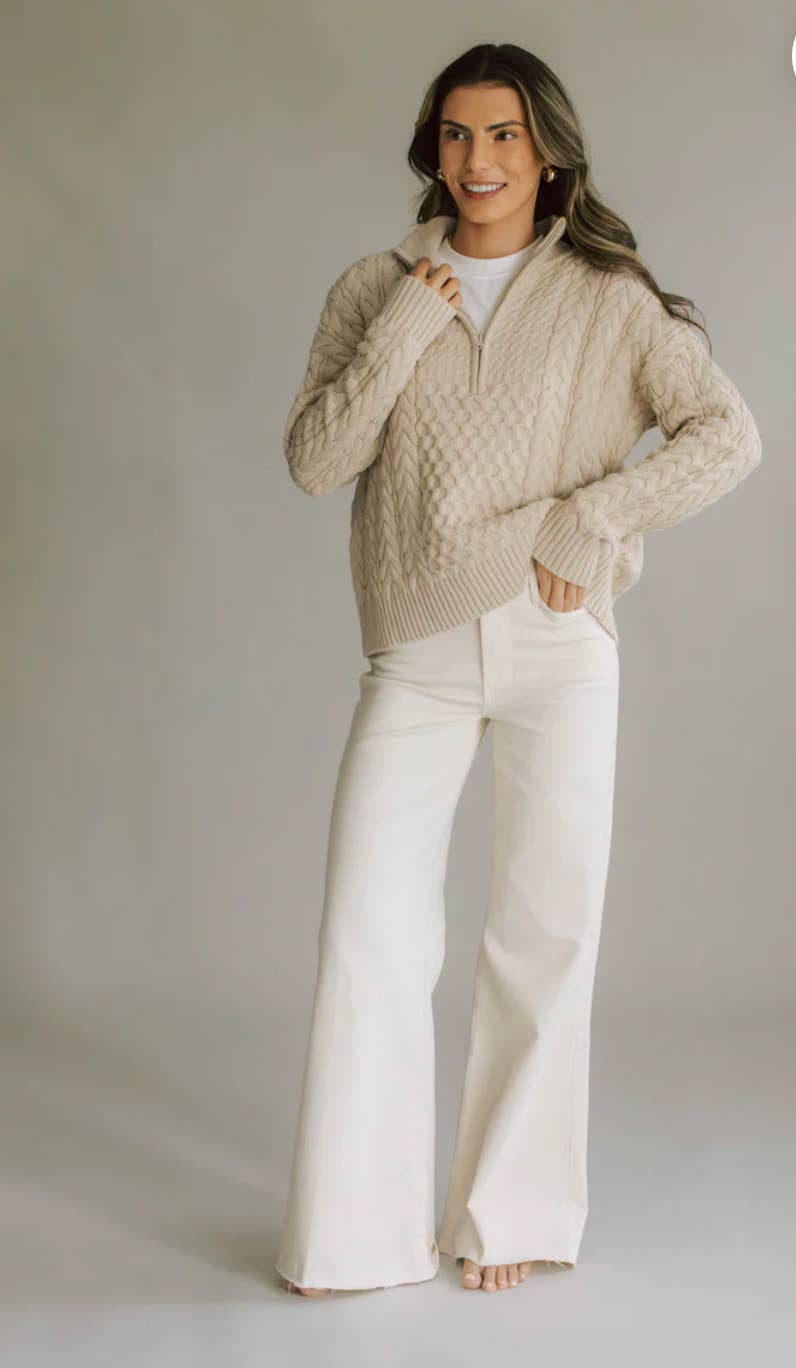 1/2 Zip Flag on Back Sweater-Tan