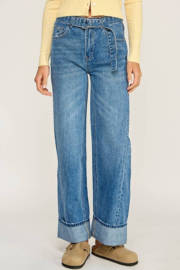 BELTED CUFFED WIDE LEG JEANS